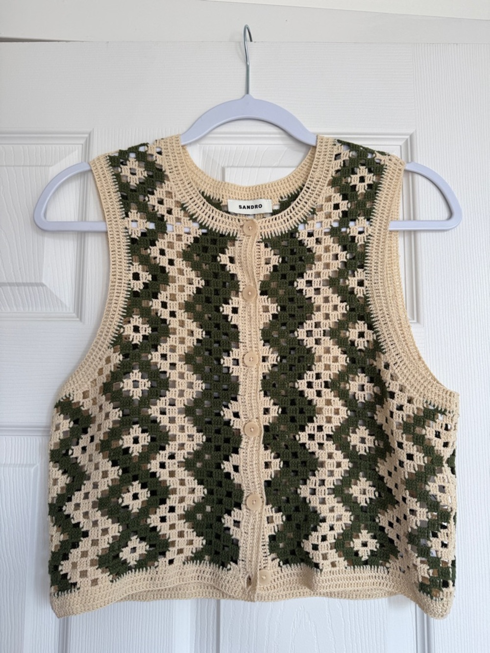 Sandro Crochet Button-Front Vest in Cream and Olive